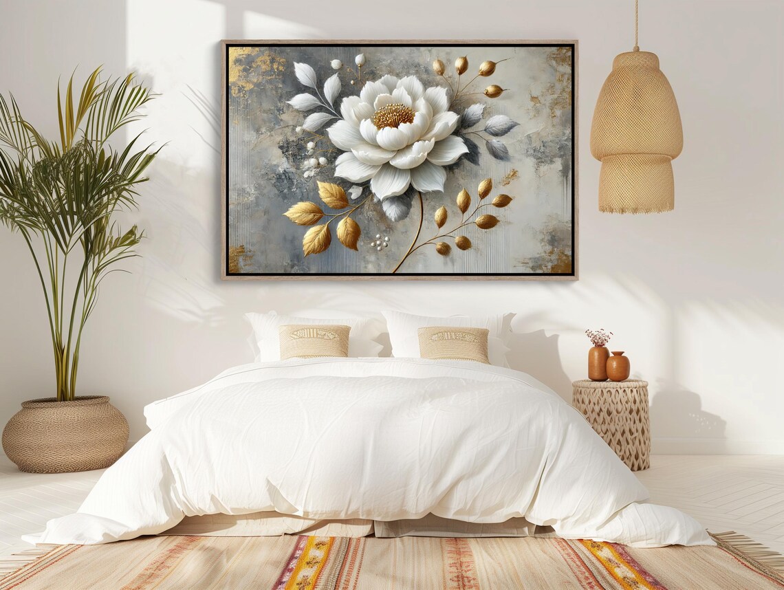 Gold And White Flower Horizontal Botanical Art Print - Image 2