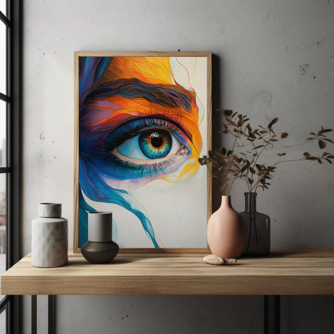 Striking Blue Eye Wrapped In Flowing Orange And Teal Strokes Poster - Image 2