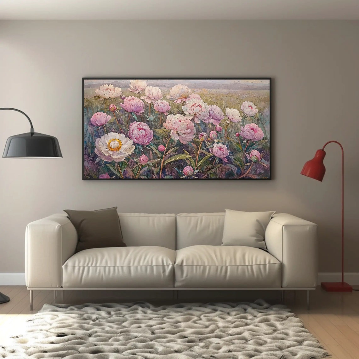 Pink And White Peony Field Impasto Floral Landscape Art Poster - Image 3