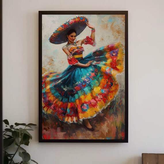 Mexican Folkloric Dancer Oil Painting Poster Traditional Floral Dress