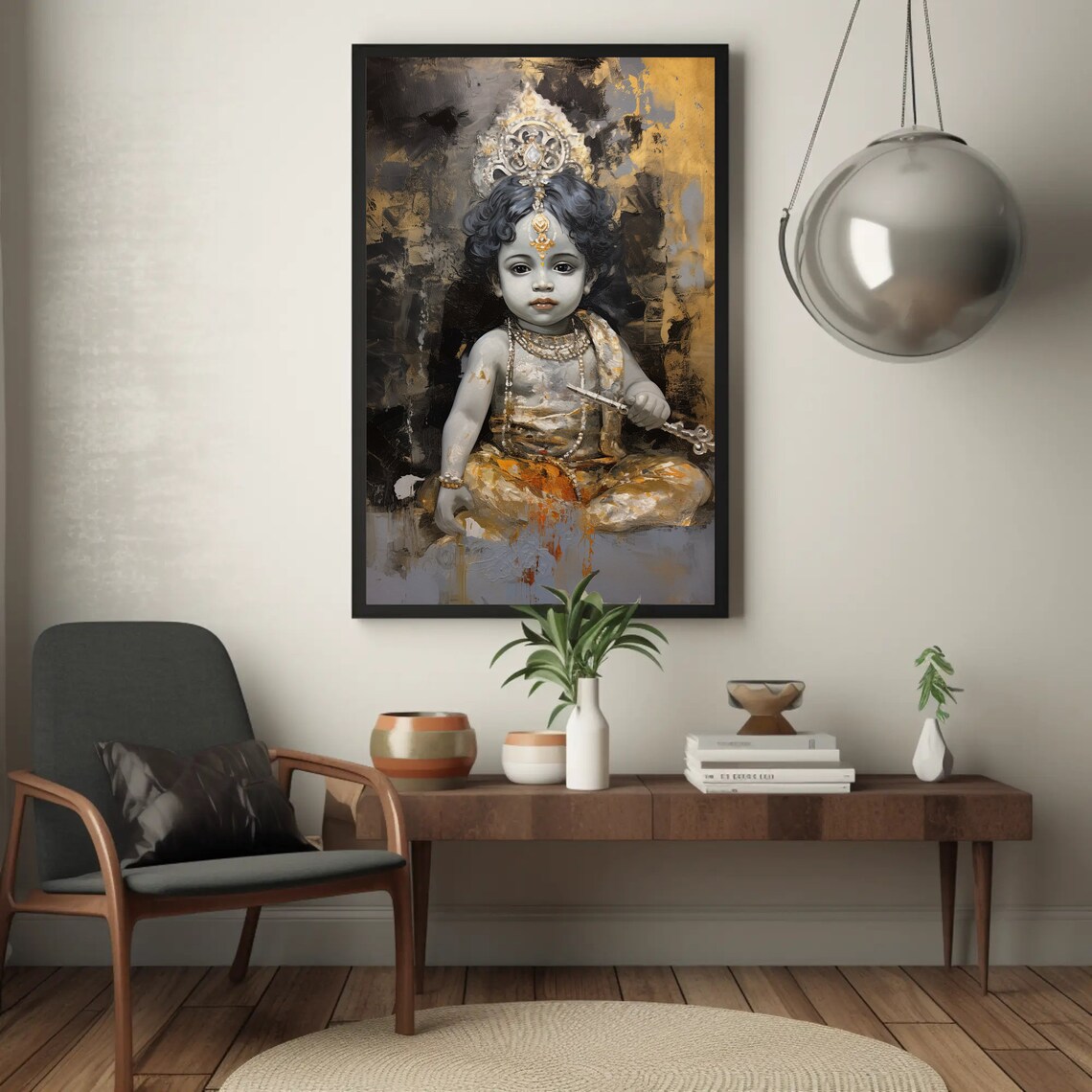 Baby Krishna in Gold and Black Hindu Deity Portrait Art Poster - Image 4