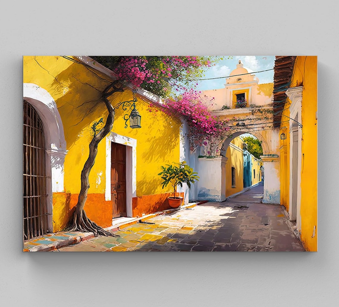 Sunlit Izamal Colonial Alley With Bougainvillea Arch and Church Poster