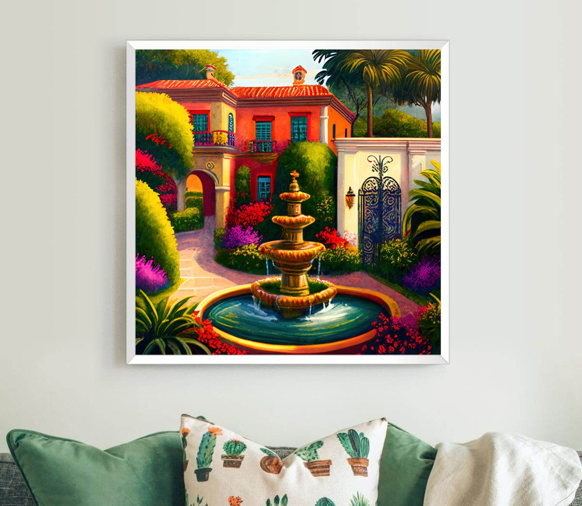 Mexican Red Hacienda Tiered Fountain Lush Garden Colonial Art Poster - Image 5