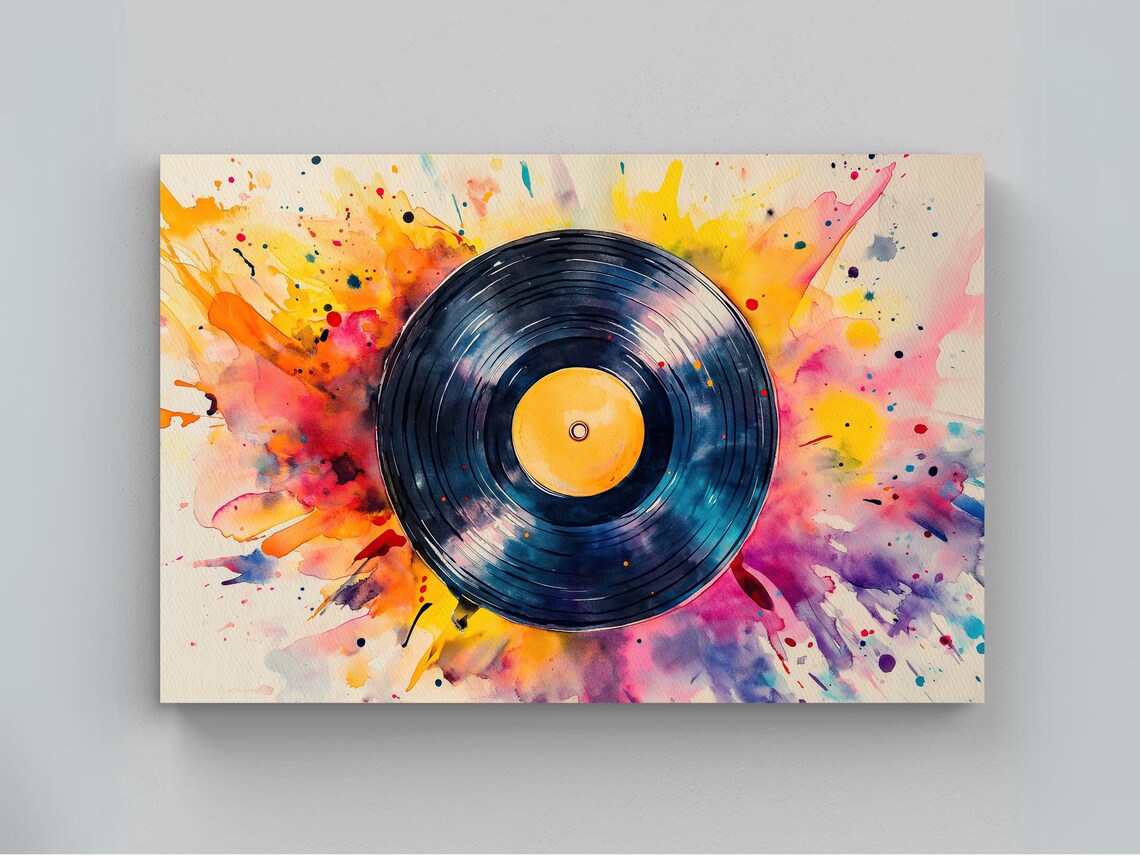 Vinyl Record Watercolor Art Print, Retro Music Decor