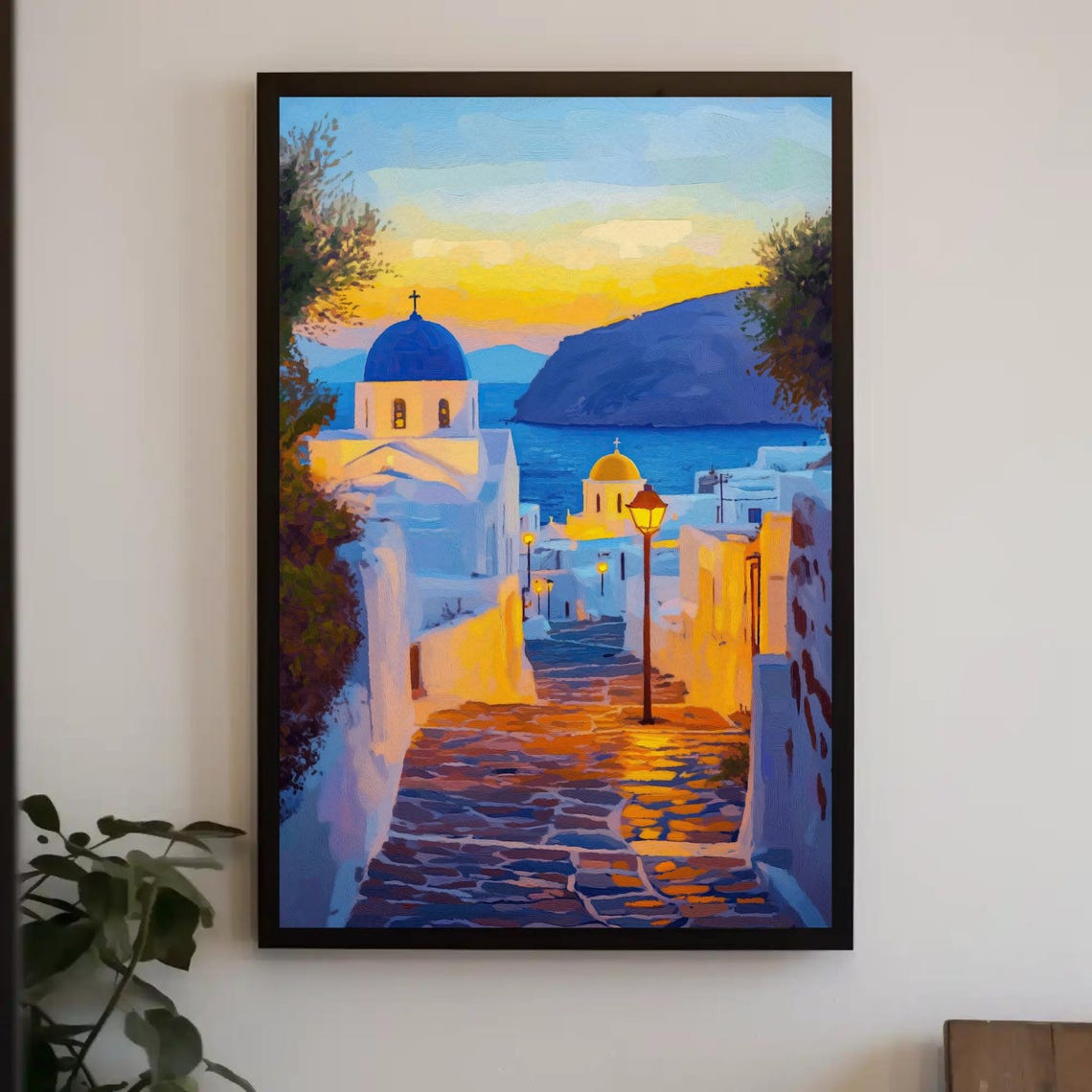 Santorini Evening Street With Blue Dome Church Sunset Greece Poster
