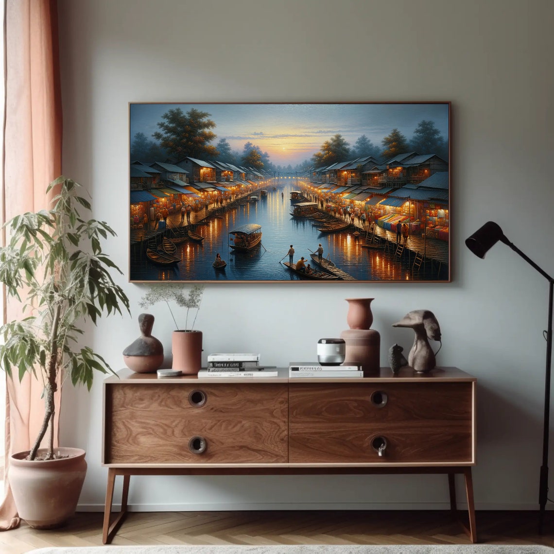 Floating Market at Dusk on River Night Lights Painting Poster - Image 5