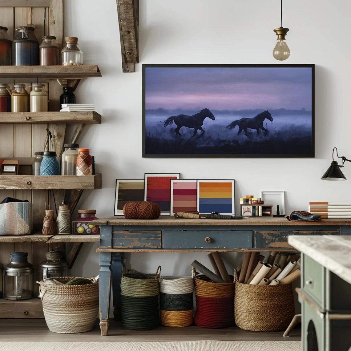 Two Dark Horses Galloping Through Violet Twilight Mist Poster - Image 2
