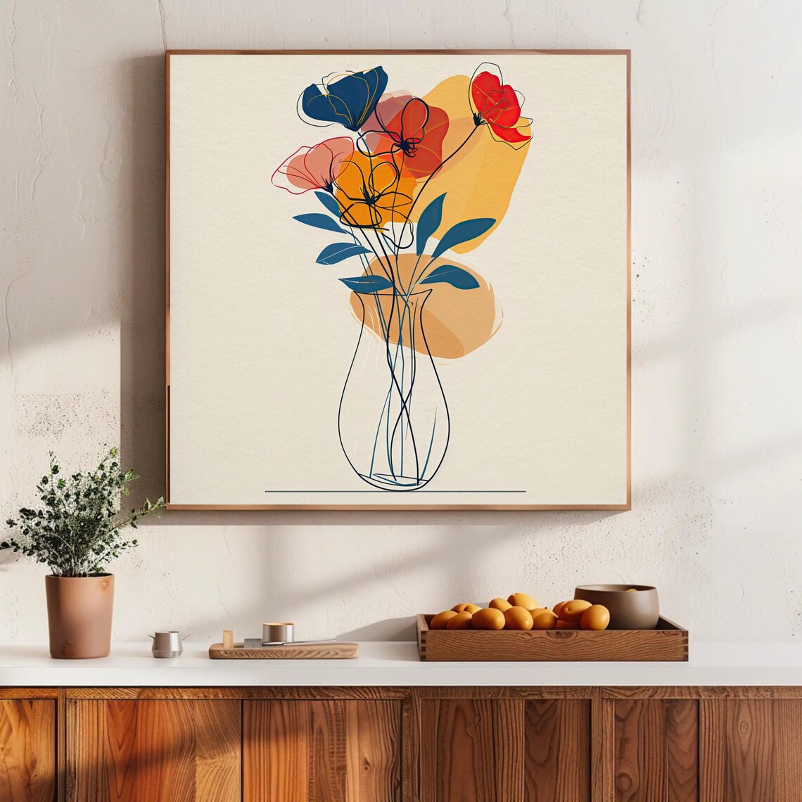 Minimalist Line Art Flowers In Vase Colorful Modern Abstract Poster