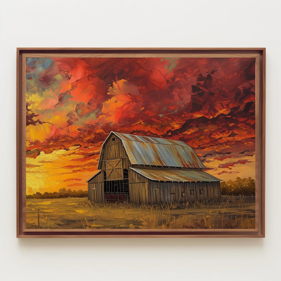 Weathered Wooden Barn Fiery Orange Sunset Sky Oil Painting Poster - Image 5