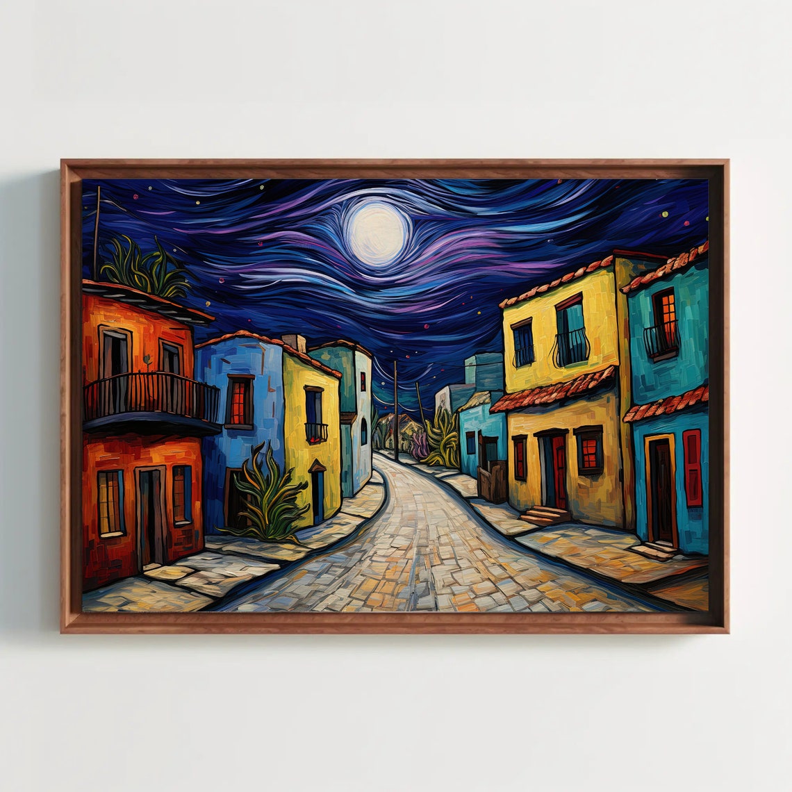 Van Gogh Style Mexican Street at Night with Radiant Full Moon Poster