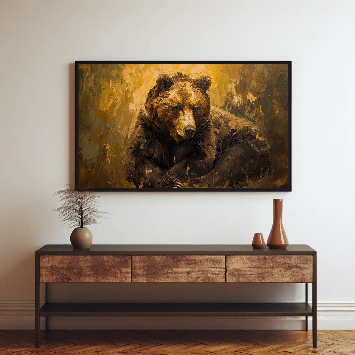 Brown Bear Resting Golden Grass Impasto Wildlife Painting Poster - Image 2