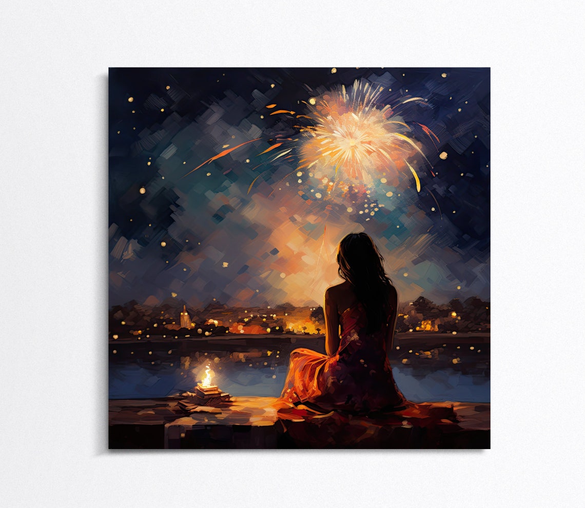 Indian Woman Watching Diwali Celebration Framed Print Diwali Gift Artwork Indian Art - Image 4