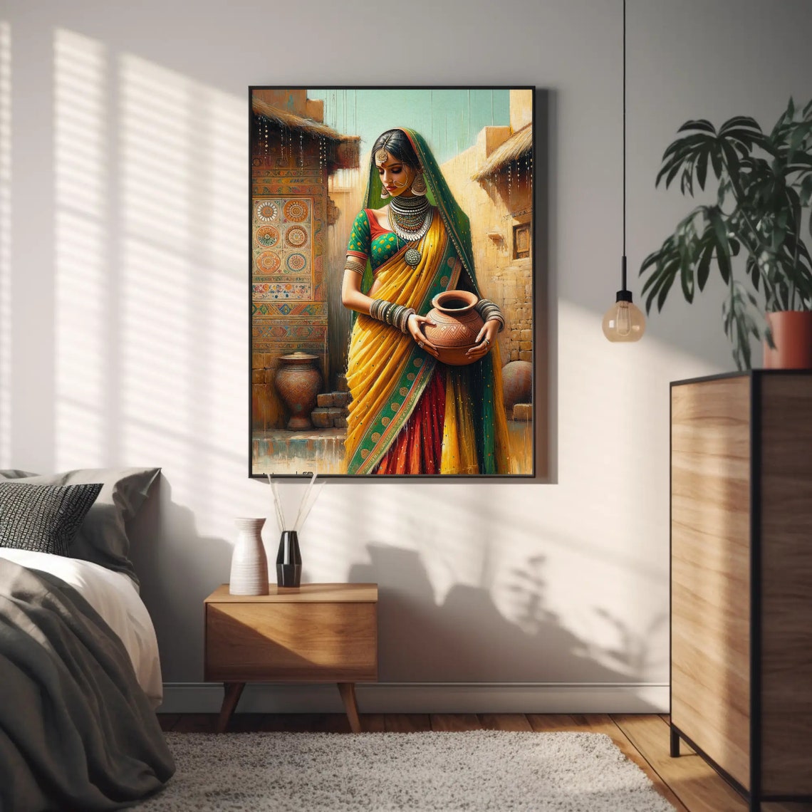 Traditional Indian Woman Holding A Pot Portrait Painting Indian Living Room Decor Desi Wall Art South Asian Painting Framed Print - Image 4