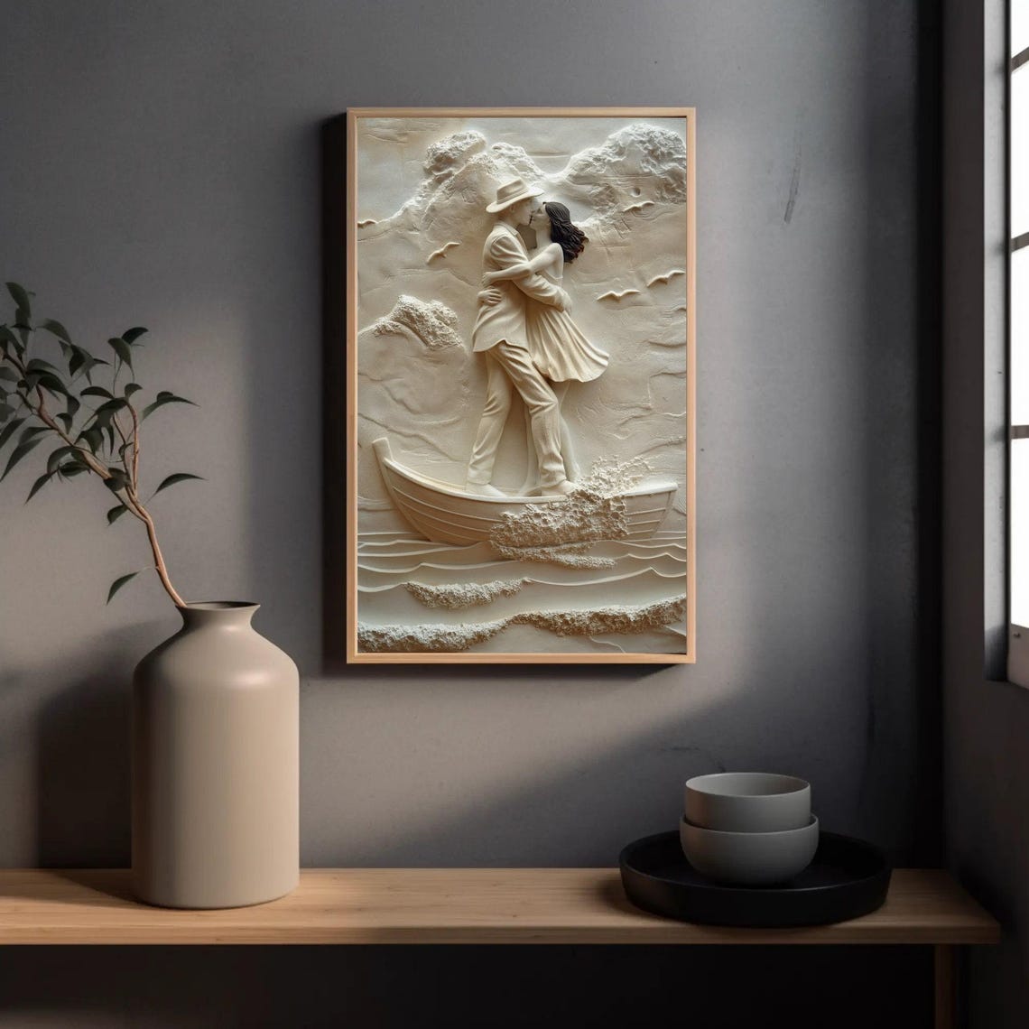 Romantic Couple Kissing on Boat White Sculpture Style Wall Art - Image 2