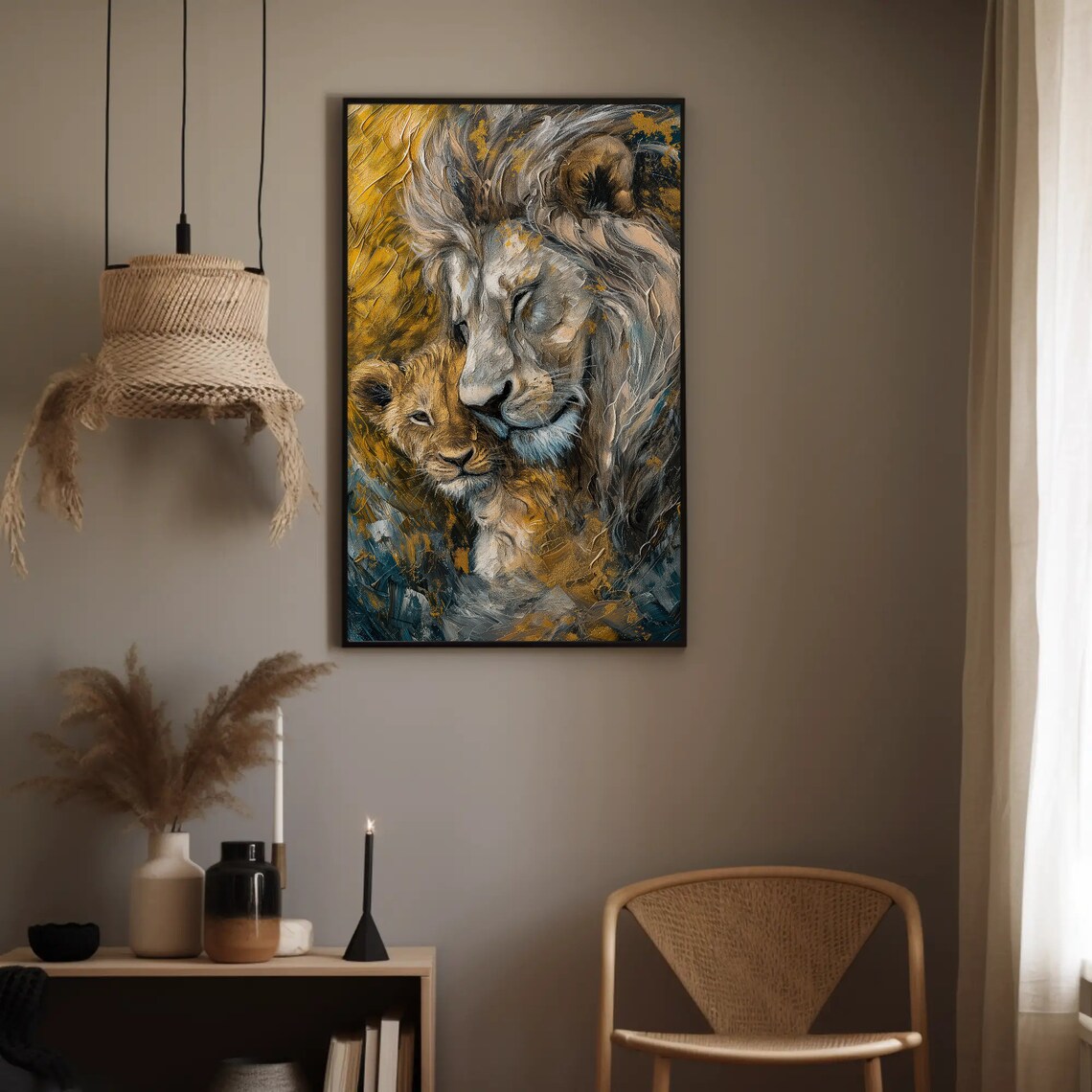 Father Lion Nuzzling Cub Tender Oil Painting Wildlife Wall Poster - Image 5