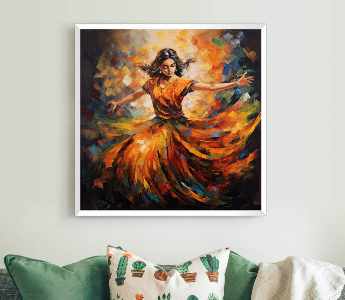 Indian Dancer in Flowing Orange Dress Fiery Abstract Art Poster - Image 5