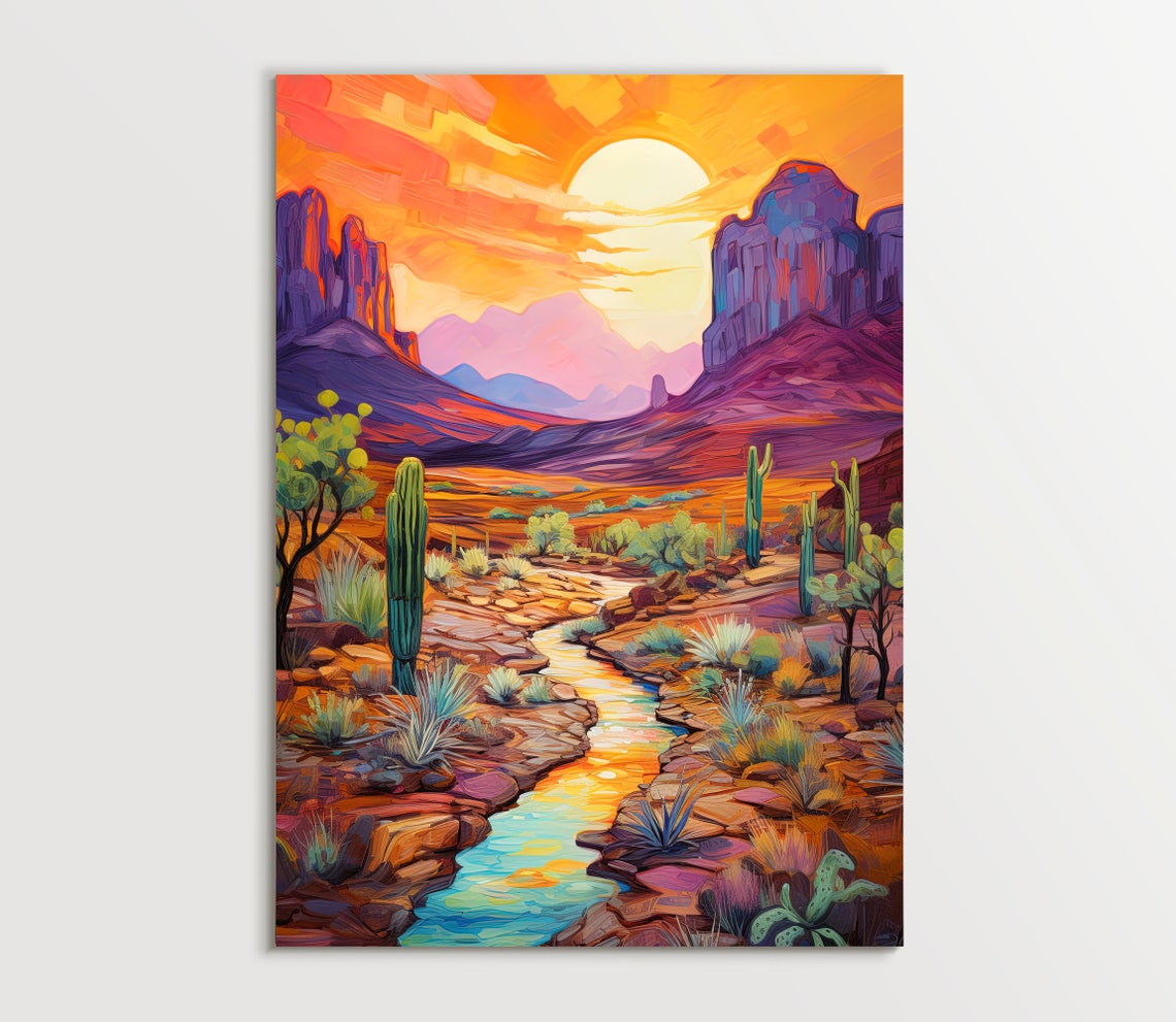Arizona Desert Sunset Saguaro Cactus Red Mesa Painting Poster