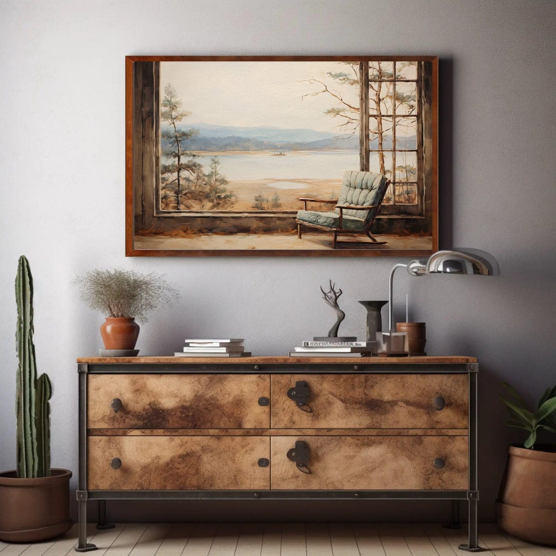 Cabin Window with Rocking Chair Overlooking Mountain Lake Poster - Image 2