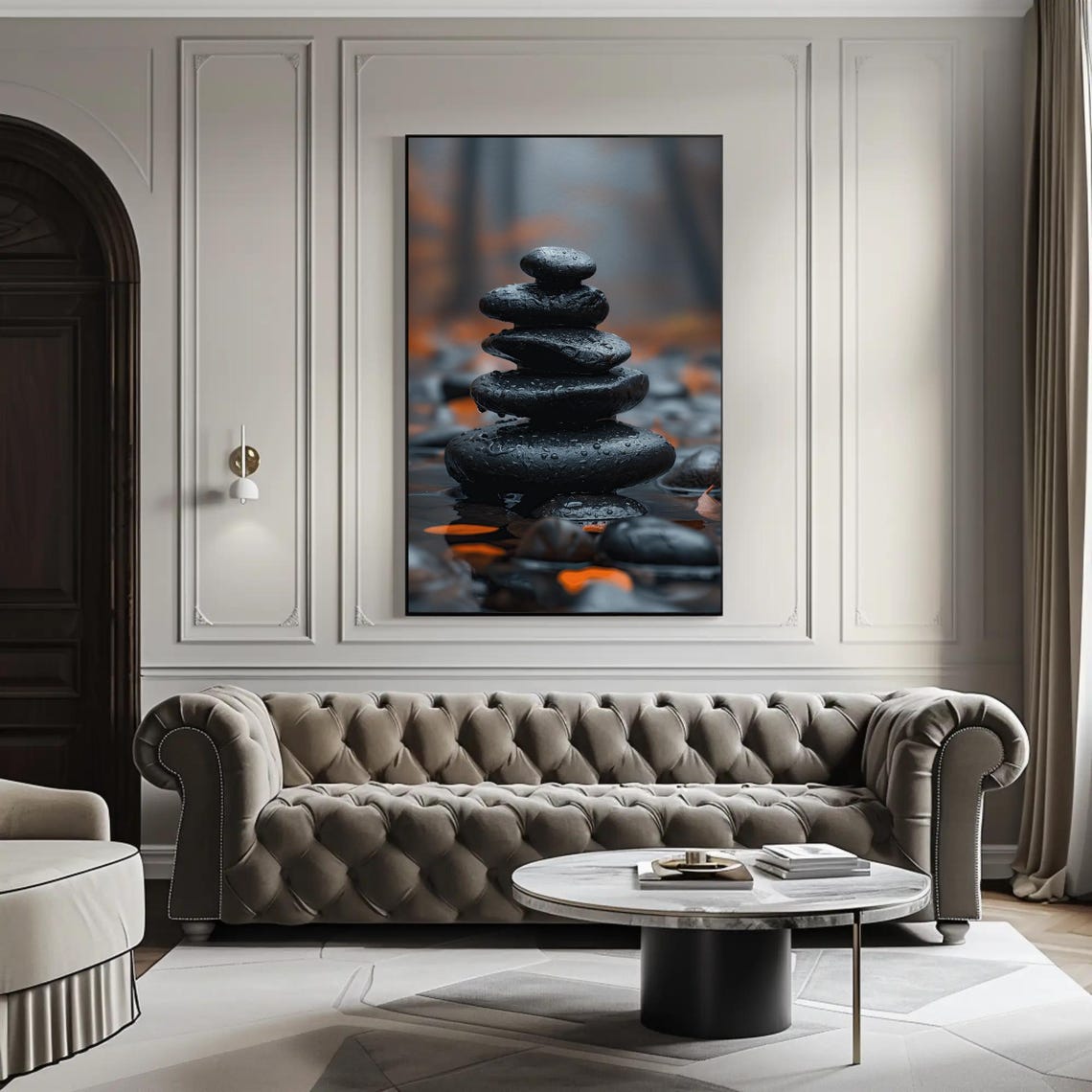 Balanced Black Zen Stones Cairn With Water Droplets Art Print - Image 4