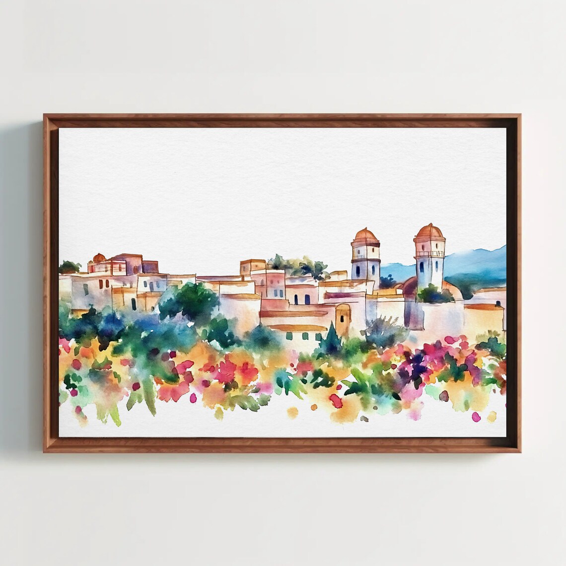 Mexican Town Church Towers with Flower Garden Scene Watercolor Poster