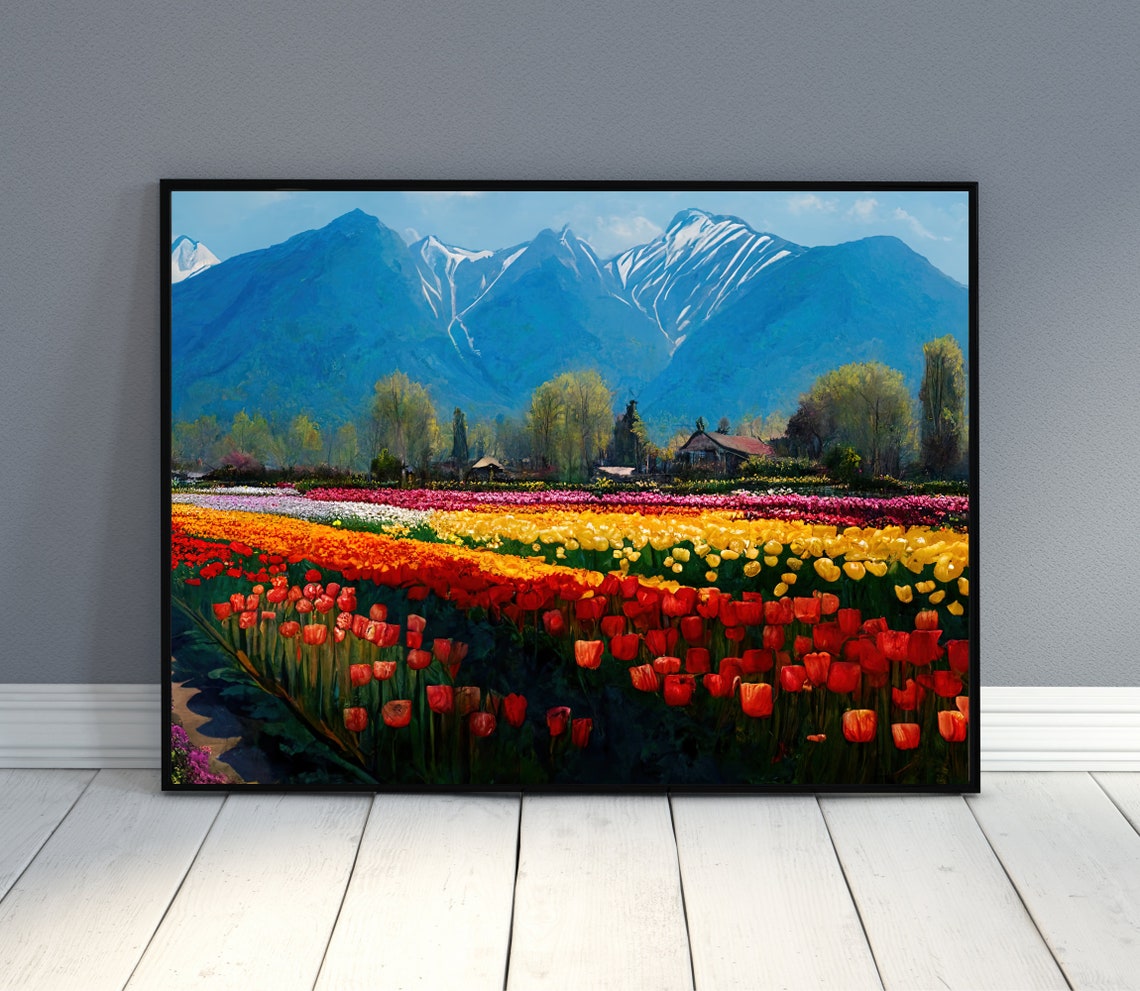 Kashmir Tulip Fields in Bloom Beneath Snowy Himalayan Peaks Art Poster - Image 3