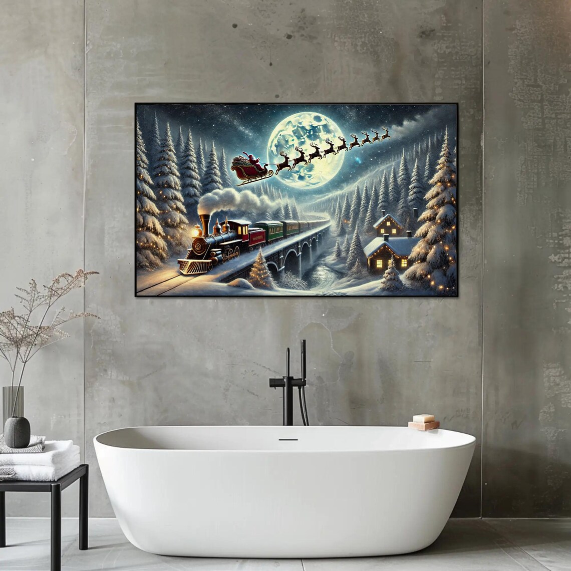 Santa's Sleigh and Christmas Train Holiday Art Print - Image 3