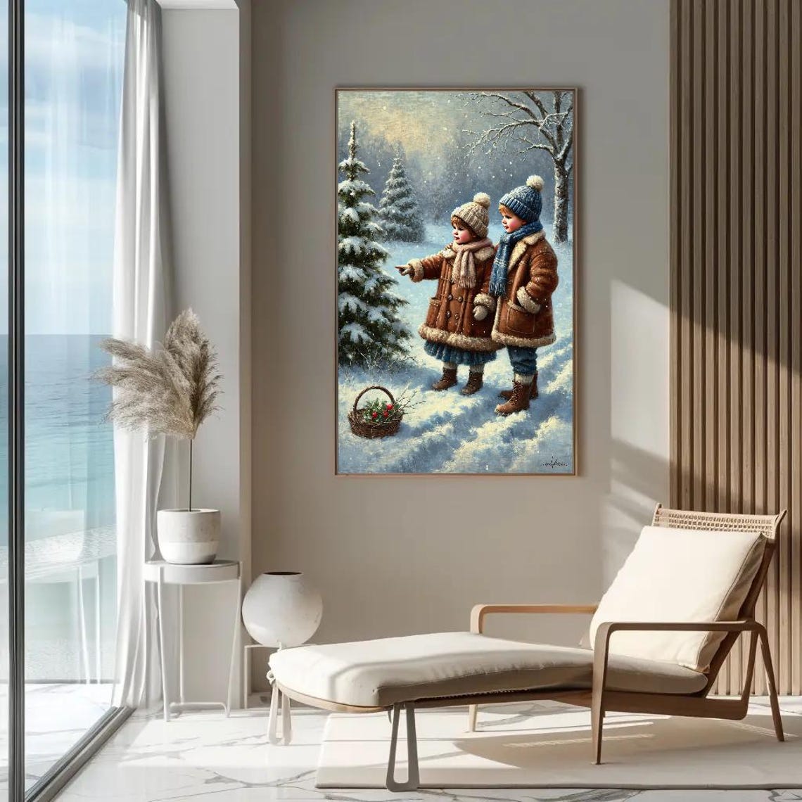 Two Warmly Dressed Children In A Snowy Winter Forest Scene Poster - Image 4