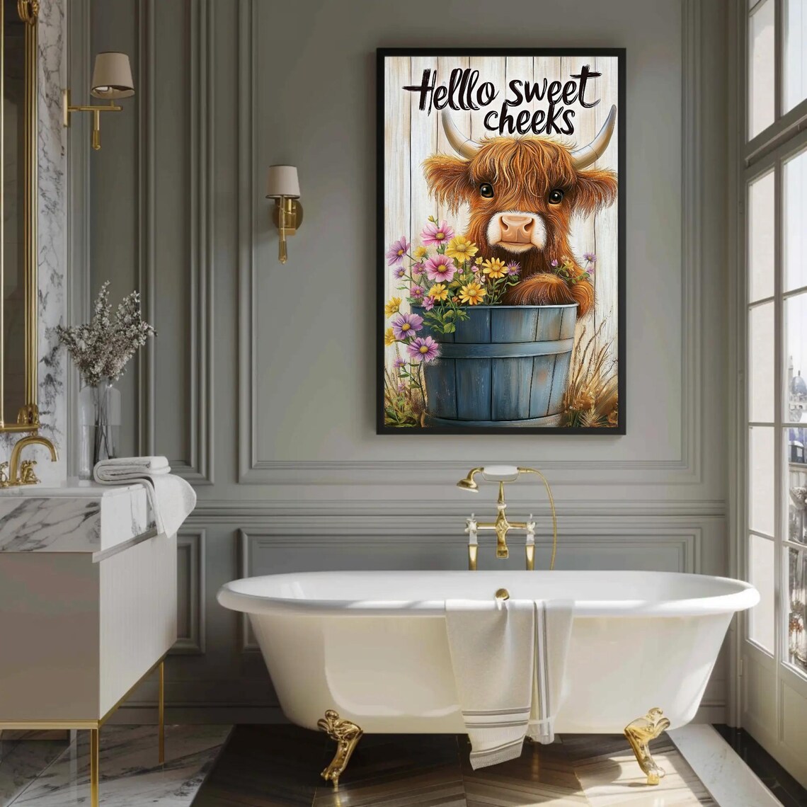 Highland Cow With Flowers, Rustic Farmhouse Art Print - Image 3