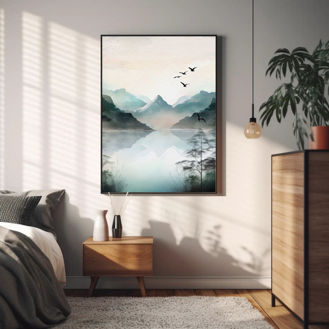Misty Mountain Lake Reflection With Birds Watercolor Art Poster - Image 5