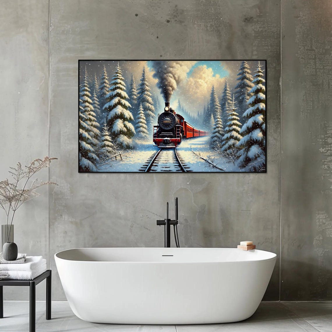 Vintage Steam Train Crossing A Snowy Winter Forest Scene Poster - Image 3