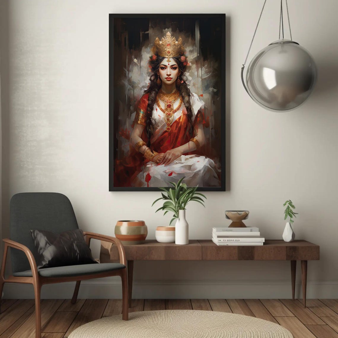 Goddess Lakshmi Portrait Red Sari Golden Crown Divine Wall Poster - Image 4