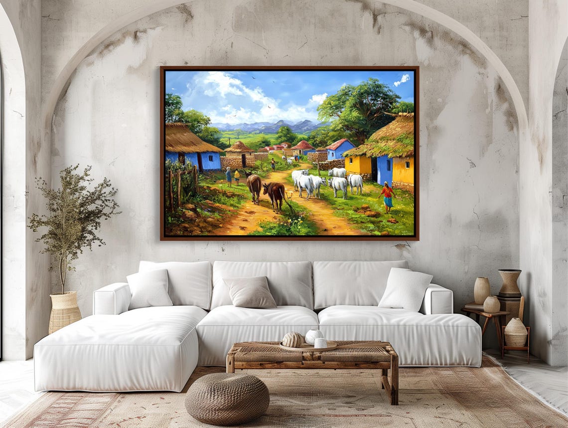 Indian Village Morning with Cattle Walking on Dirt Path Art Poster - Image 2