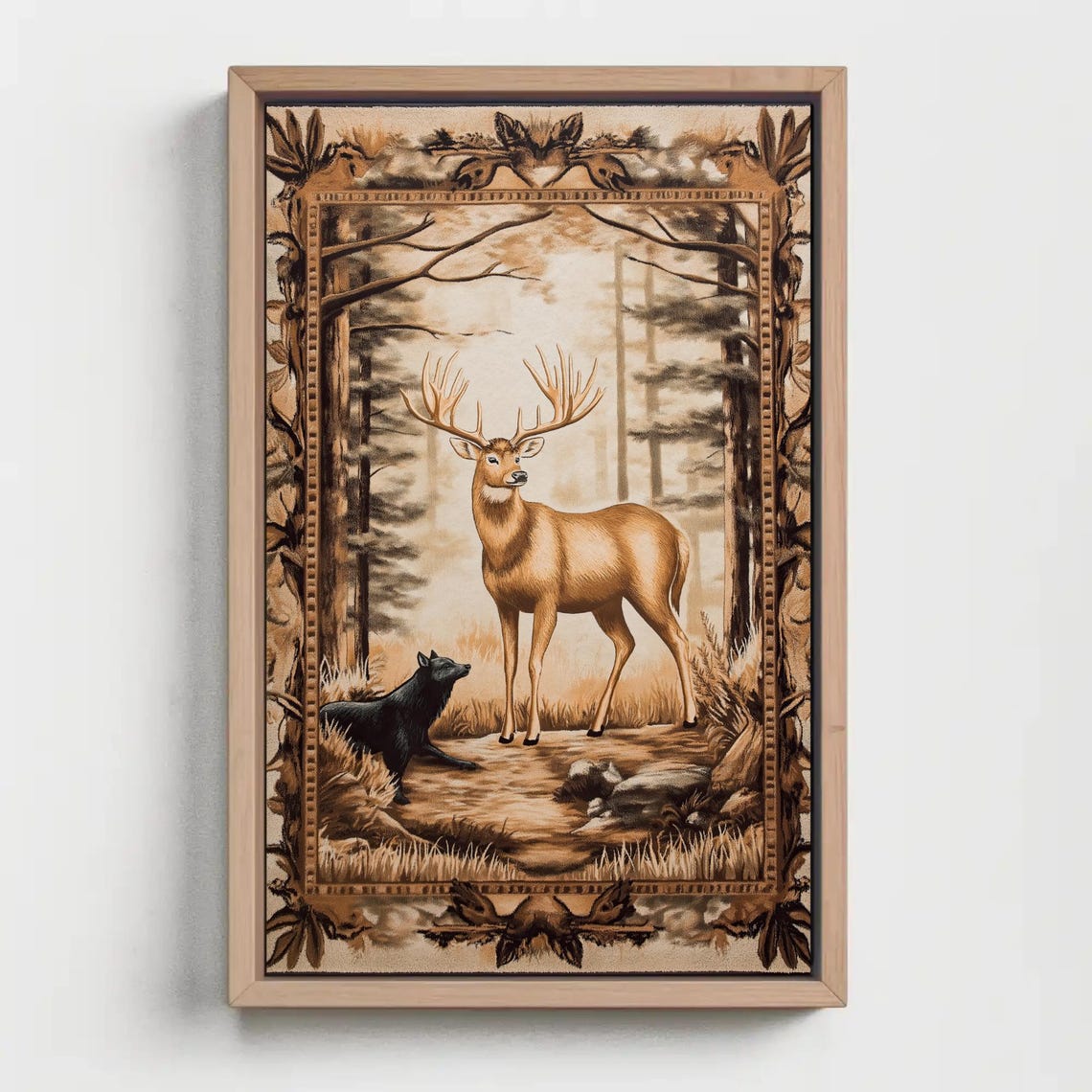 Sepia Stag And Black Wolf In Forest Vintage Engraving Poster - Image 4