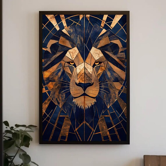 Angular Geometric Lion in Midnight Blue and Antique Gold Poster