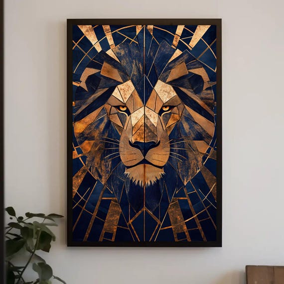 Geometric Lion Portrait Print Modern Abstract Animal Art Bold Jungle King Wall Decor For Living Room Or Office