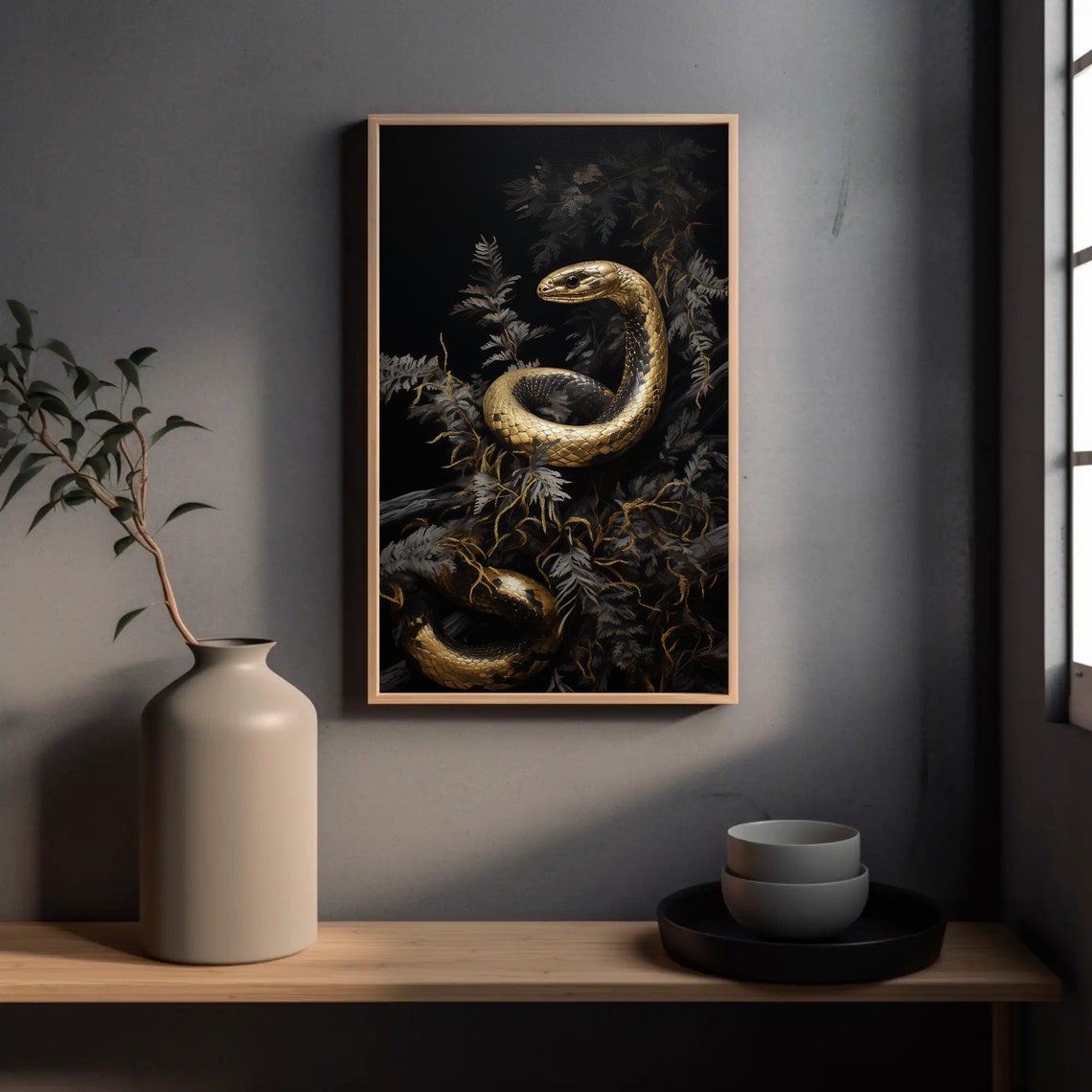 Golden Snake Coiled in Dark Ferns Dramatic Wildlife Art Poster - Image 2