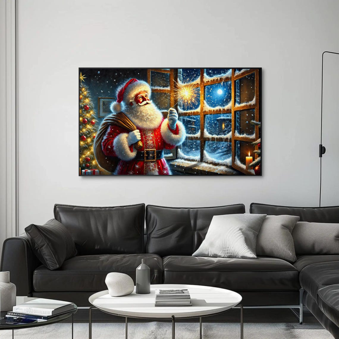 Santa Claus Holding A Sparkler By A Snowy Night Window Poster - Image 4