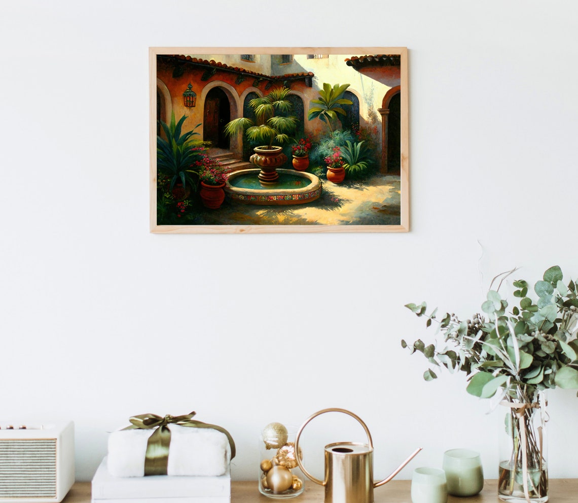 Mexican Colonial Courtyard Fountain Palm Garden Sunlit Art Poster - Image 4