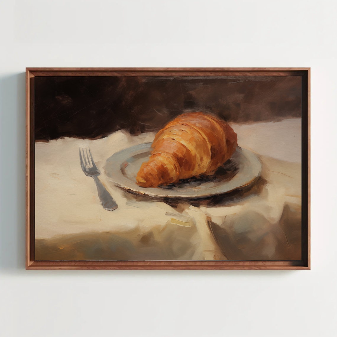 Golden Croissant Oil Painting Still Life on Ceramic Plate Print
