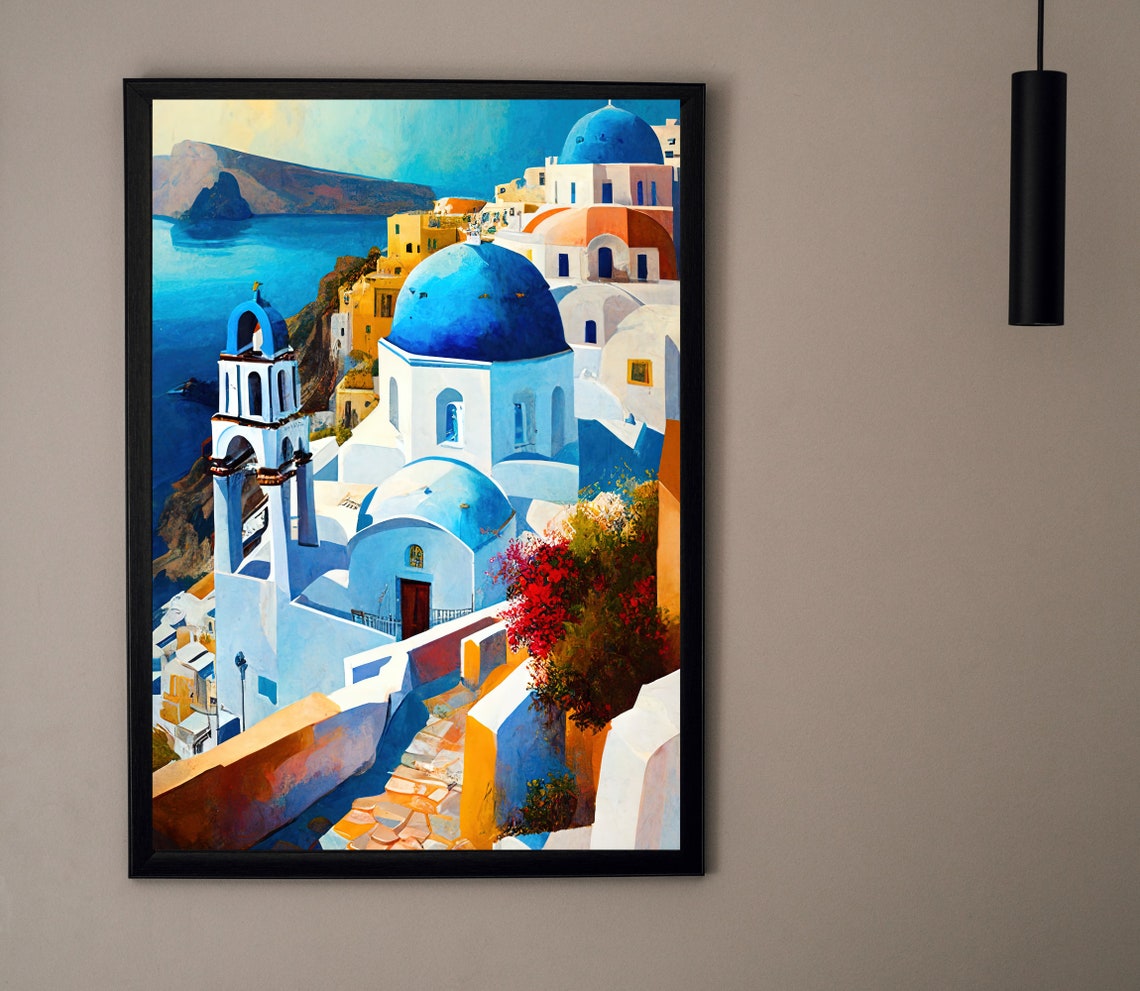 Santorini Greece Blue Dome Church Caldera Ocean View Scene Poster - Image 4