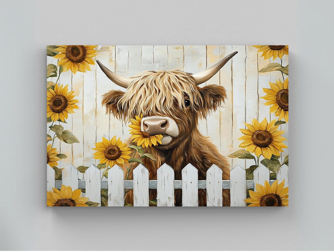 Highland Cow With Sunflowers, Rustic Farmhouse Art Print