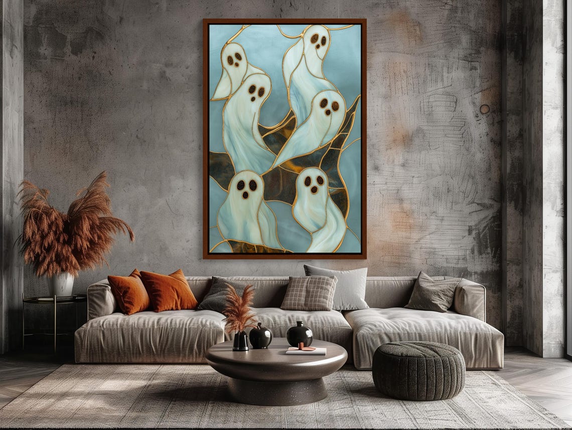 Cute Stained Glass Ghosts With Gold Halloween Spooky Art Poster - Image 2