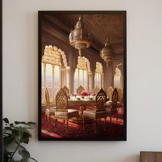Indian Palace Dining Hall Illustration Print Traditional Indian Wall Art Royal Indian Decor Cultural Home Art Ready To Hang