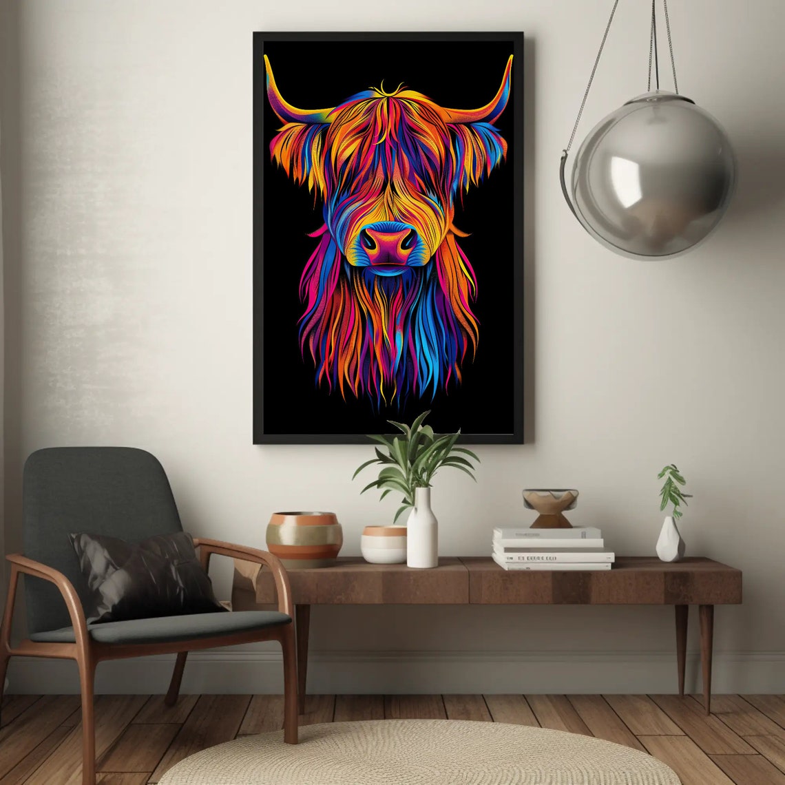 Colorful Neon Highland Cow Head Black Background Animal Poster - Image 3