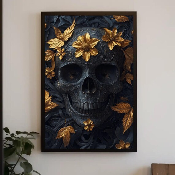Black Skull Print Golden Leaves Accent Modern Gothic Wall Art Edgy Home Decor Luxury Skull Art Unique Dark Art Ready To Hang