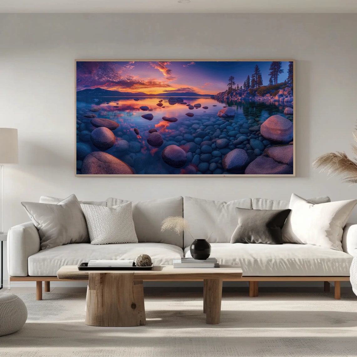 Sunset Lake with Rocky Shore Purple Sky Water Reflection View Poster - Image 5