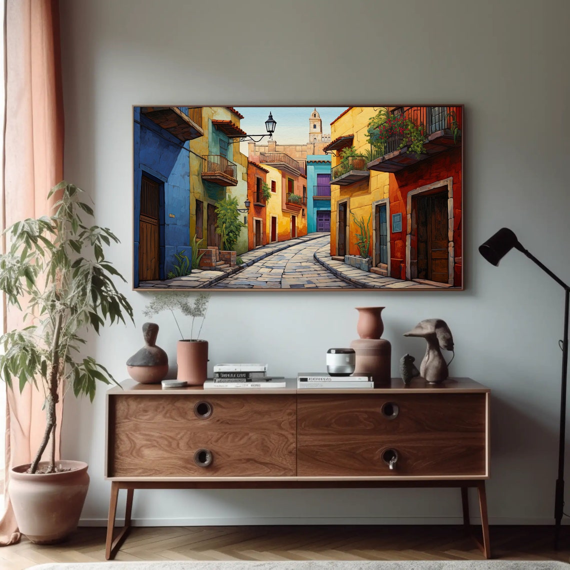 Sunlit Mexican Colonial Street with Bright Colorful Facades Poster - Image 4