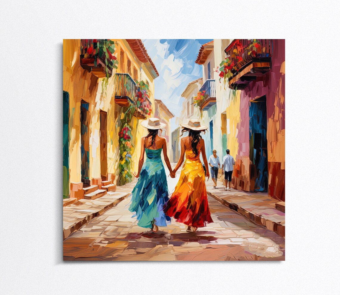 Colombian Women Strolling Colorful Colonial Street Dresses Poster - Image 4