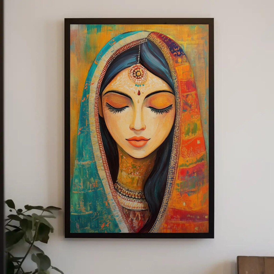 Traditional Indian Woman Portrait in Colorful Folk Art Poster