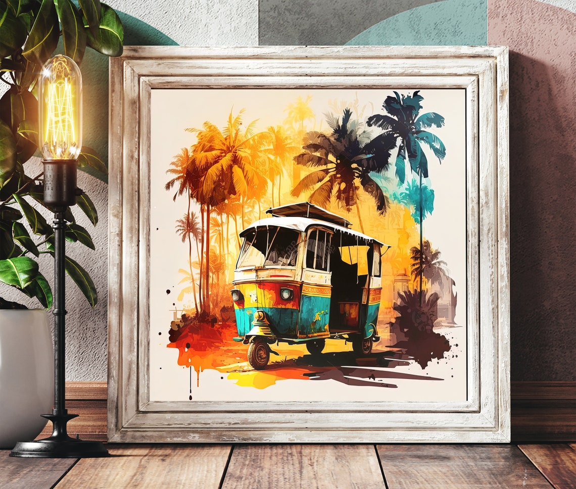 Vibrant Indian Auto Rickshaw Watercolor Art Print With Palm Trees